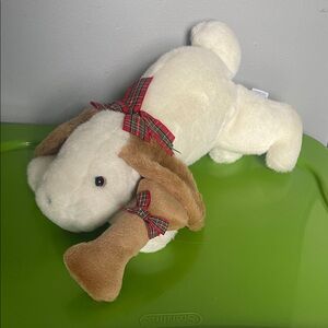Vintage Eden Toys Stuffed Dog with holiday plaid ribbon and bone collectible